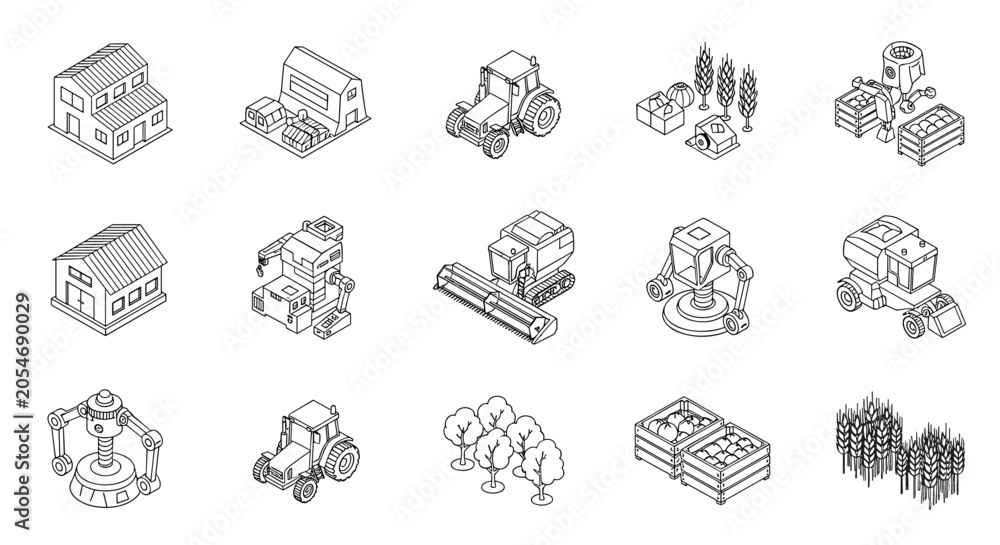 Obraz premium Set of black and white isometric line icons representing modern farming equipment, industrial agricultural buildings, and various crops.