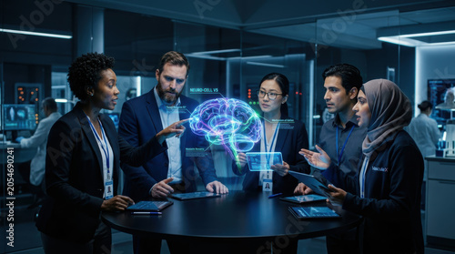 Medical representative brain hologram doctor team laboratory tablet technology