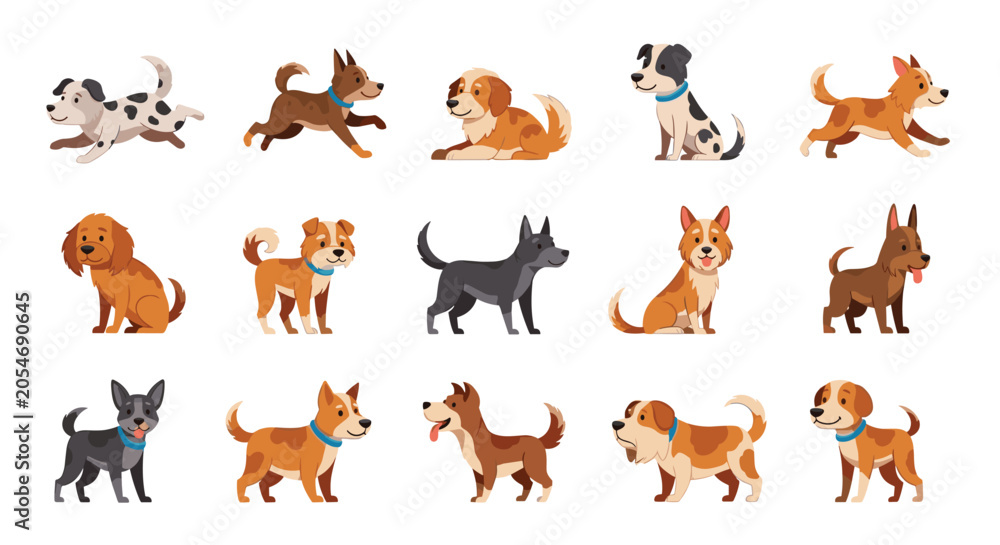Fototapeta premium Comprehensive set of various dog breeds in different poses like running, sitting, and standing, perfect for pet lovers and veterinarians.