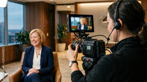 Filming executive camera interview business woman office videographer headset production, smiling executive woman during professional video interview modern office with camera operator