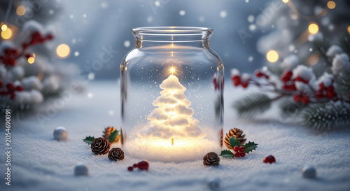 Christmas Tree Inside Jar with Snow and Bokeh Lights