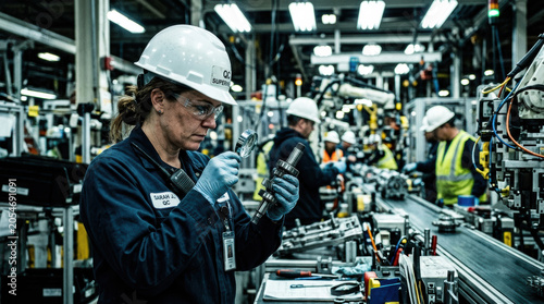 Woman inspecting manufactured part factory worker helmet glove safety quality control, industrial technician examining metal component on assembly line with focused expression