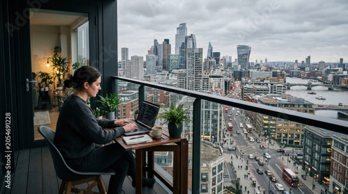 Professional laptop balcony city woman typing workspace urban skyline remote professional typing on laptop at balcony desk overlooking cloudy city skyline, river, traffic, indoor plant, home office