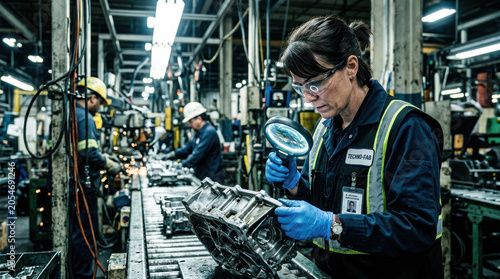 Factory woman inspector manufactured part quality control magnifier assembly worker, focused female inspector examines metal manufactured part with magnifier on busy industrial assembly line