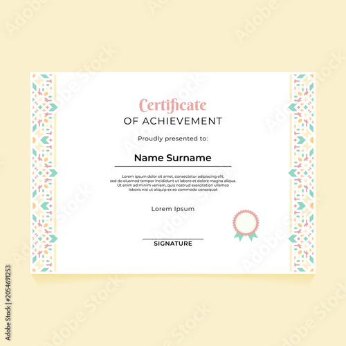 Elegant pastel certificate of achievement template with geometric islamic pattern border on the side