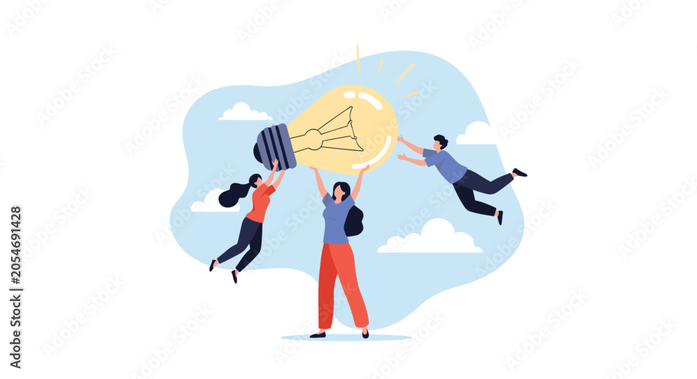 Fototapeta premium Group of people working together to lift and support a giant glowing light bulb, symbolizing teamwork, innovation, and shared creative ideas.