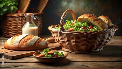 A basket of bread and a bowl of salad sit on a table
