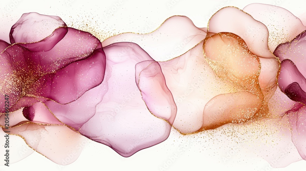 Fototapeta premium Abstract alcohol ink art background with flowing burgundy pink and golden glitter particles elegant luxury design texture