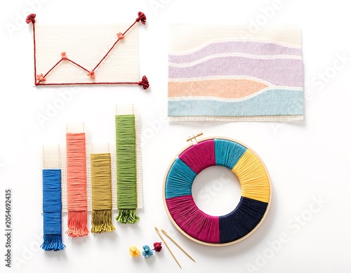Creative textile data visualizations showing charts and graphs made from colorful string and yarn on white background