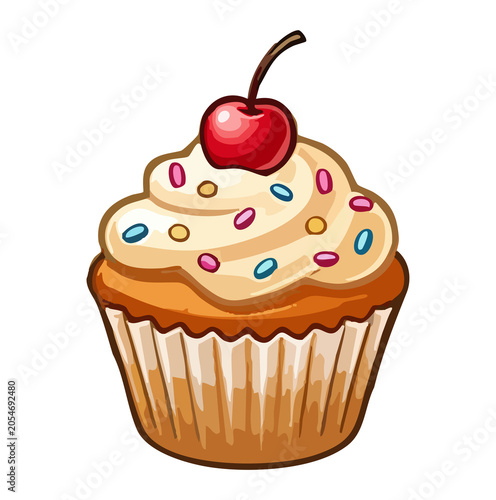 Cupcake with cherry on top sweet dessert illustration in pink cream style