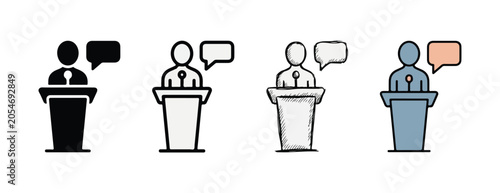 Four speakers at podiums each with unique speech bubble colors and podium designs isolated on transparent background