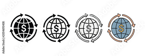 Foto Global finance icons featuring dollar signs within globes surrounded by circular