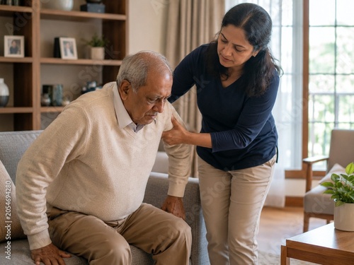 Family caregiver helping elderly father stand up from sofa at home