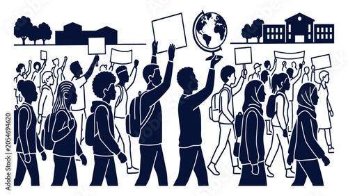 Konstfotografi Crowd of students marches with signs and a globe to advocate for global education and environmental awareness