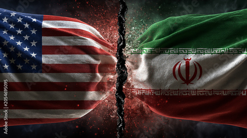 Geopolitical Conflict: An intense visual representation of the strained relationship between the United States and Iran, depicted through their flags torn apart by a deep fissure.