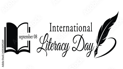 Fotografija Feather pen and open book mark the date of September 8th for the global observance of International Literacy Day