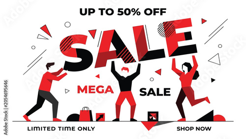 Tableau sur toile Sale advertisement banner features stylized people carrying giant letters to promote a mega retail discount event