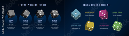 Business Presentation Infographic with 3D Dice Elements and Data Visualization Layout