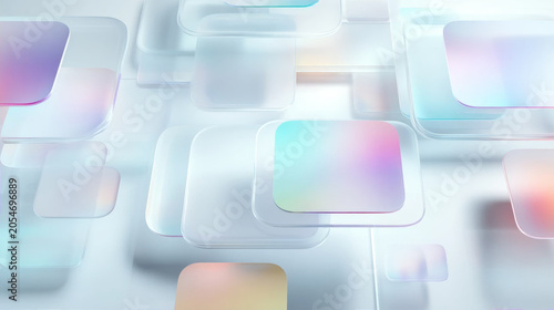 Abstract 3D background with layered glassmorphism rounded squares and colorful pastel holographic gradients