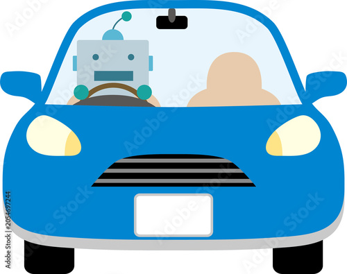 自動運転車を運転するAIロボットのイラスト