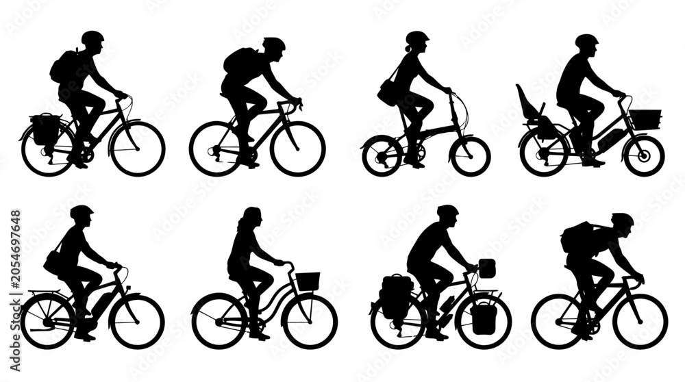 Obraz premium Minimalist silhouettes of a group of cyclists riding in formation, showcasing active lifestyle, urban transit, and fitness through clean and modern graphic art. PNG, Transparent Background