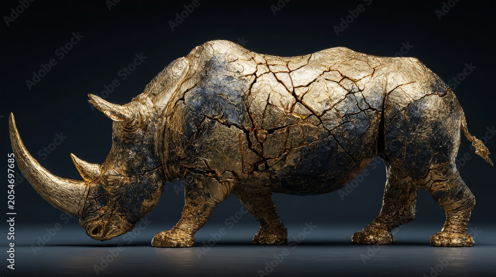 Fototapeta premium Majestic rhinoceros sculpture with cracked gold leaf texture on dark background
