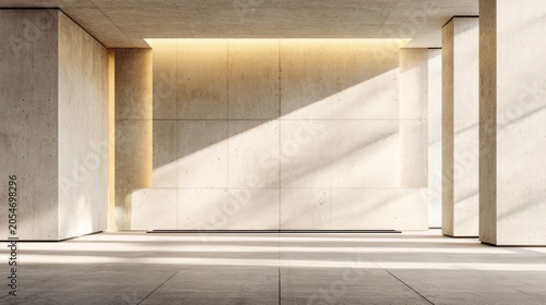 Interior architectural space features strong directional sunlight casting defined shadows across textured concrete surfaces