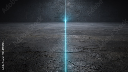 Thin vertical beam of blue light illuminates a dark, cracked concrete interior space.