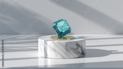 Brightly lit faceted gemstone rests upon a marble pedestal with leaf shadows.