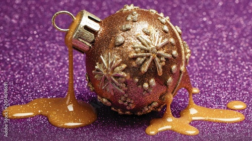 Decorative sphere ornament appears to be melting golden, viscous liquid onto a sparkling purple surface