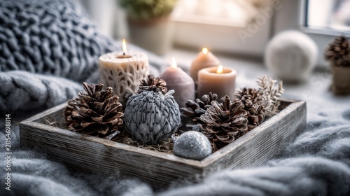 Lit candles and natural decorations rest inside a rustic wooden tray nestled on soft, cozy fabric