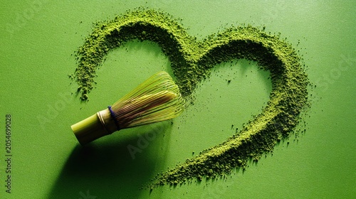 Fine green powder is artfully shaped into a heart symbol beside a traditional bamboo whisk on a solid color surface.