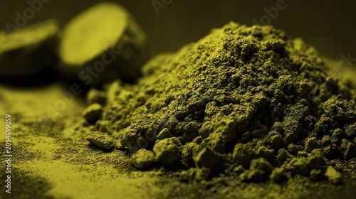 Mounded pile of fine green powder sits on a dark surface with indistinct solid shapes nearby