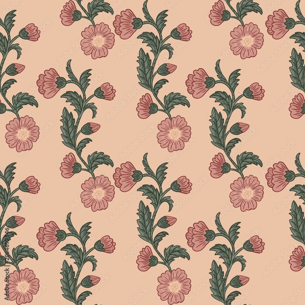 Fototapeta premium Floral pattern illustration featuring pink flowers and green leaves on a soft peach background, suitable for textile design and wallpaper applications