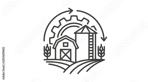 Sustainable farm icon with gear and circular arrow.
