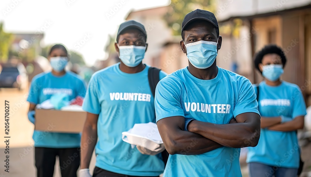 Fototapeta premium Volunteers wearing face masks standing together.