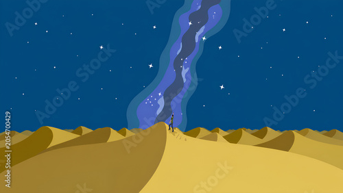 A lone traveler reaches for a glowing Milky Way over golden dunes.