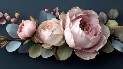 Lush pale pink blossoms cascade across a dark, muted background forming an elegant floral border.