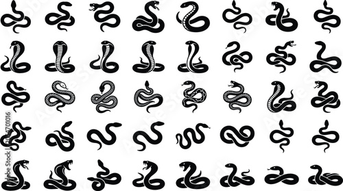 Snake and Cobra Silhouette Icon Set with Venomous Serpents Reptile Symbols for Logos Tattoos Badges and Graphic Designs