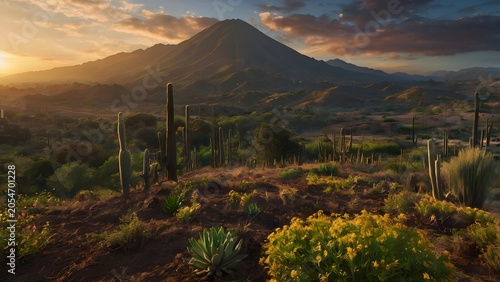 Dramatic Desert Mountain Landscape with Cacti and Golden Sunset Light