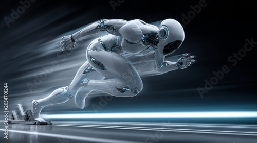 Futuristic humanoid robot sprinting on high-tech track with motion blur and glowing blue lights. AI concept of speed and advanced technology.