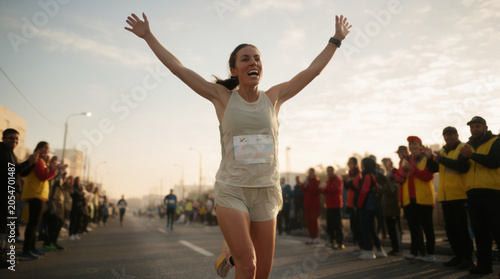  A Caucasian female marathon runner crosses the finish line at a city race, arms raised in triumph. Early morning light casts golden hues on the asphalt, while cheering crowds blur softly in the backg