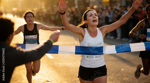  A Caucasian female marathon runner crosses the finish line at a city race, arms raised in triumph. Early morning light casts golden hues on the asphalt, while cheering crowds blur softly in the backg