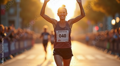  A Caucasian female marathon runner crosses the finish line at a city race, arms raised in triumph. Early morning light casts golden hues on the asphalt, while cheering crowds blur softly in the backg