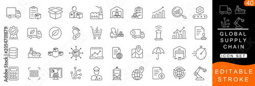 Tableau sur toile Global Supply Chain Line Icon Set – Logistics, Warehouse, Shipping, Procurement,