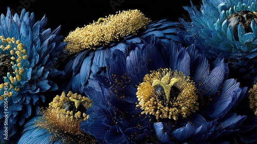 Deep indigo and gold botanical forms create a dramatic floral arrangement against a dark background