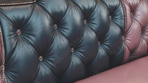 Deeply tufted upholstery features alternating dark blue and pink sections with decorative metal studs.