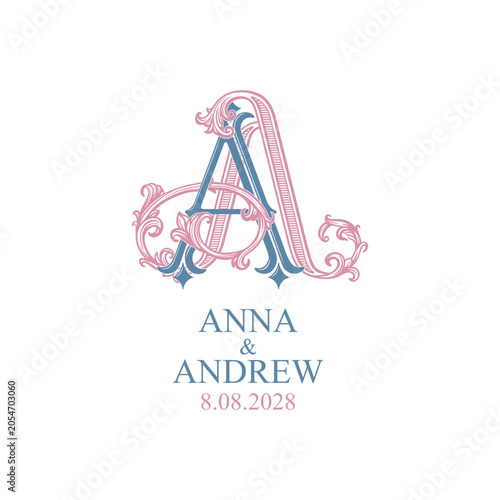 AA monogram logo in a sophisticated ornamental style. Luxury wedding initials for stationery, invitations and personalized wedding branding.