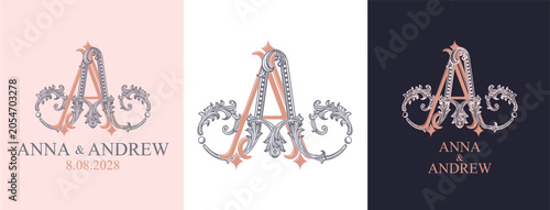 AA monogram with decorative ornamental initials. Elegant wedding logo for bridal stationery, invitations and celebration branding.