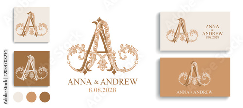 AA monogram with decorative ornamental initials. Elegant wedding logo for bridal stationery, invitations and celebration branding.